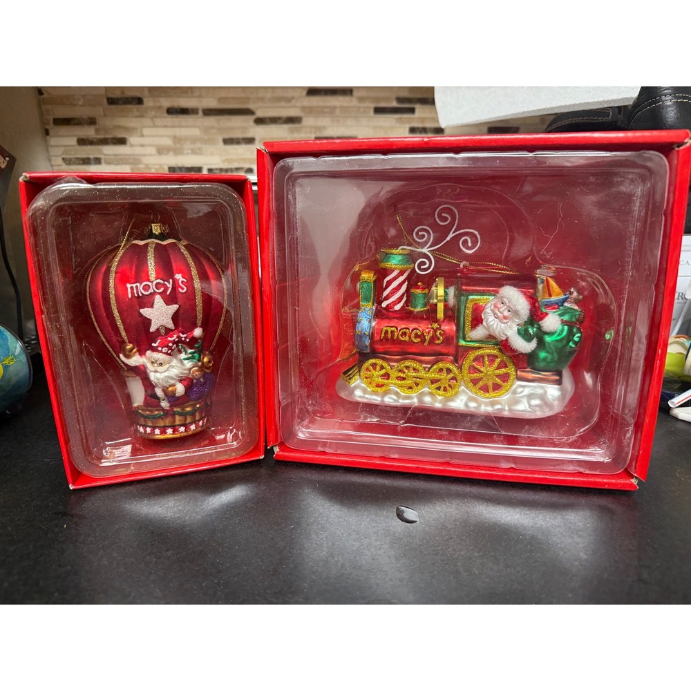 2-Vtg Macy's Christmas Ornament Mercury Glass Santa NEW IN BOXe